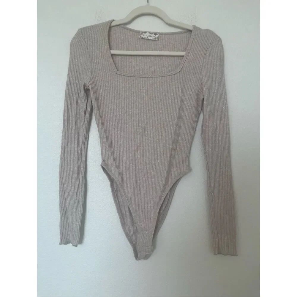 Free People Band of the Free Oatmeal Shimmer Ribbed Bodysuit NEW